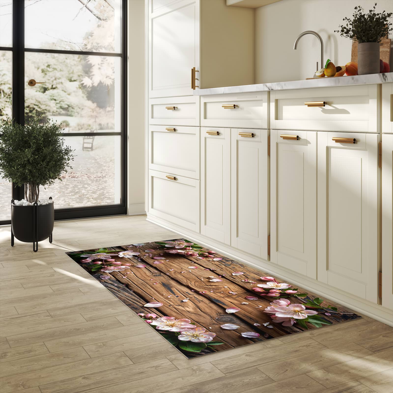 Bodenschonender Küchenteppich mit Motiv Blüten auf Holz in heller Küche
