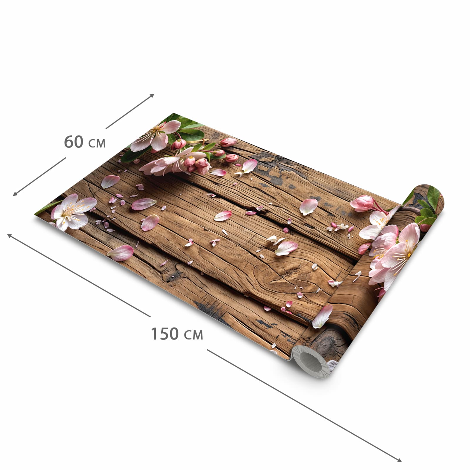 Abriebfester Küchenteppich mit Motiv Blüten auf Holz in der Grösse 60x180 cm