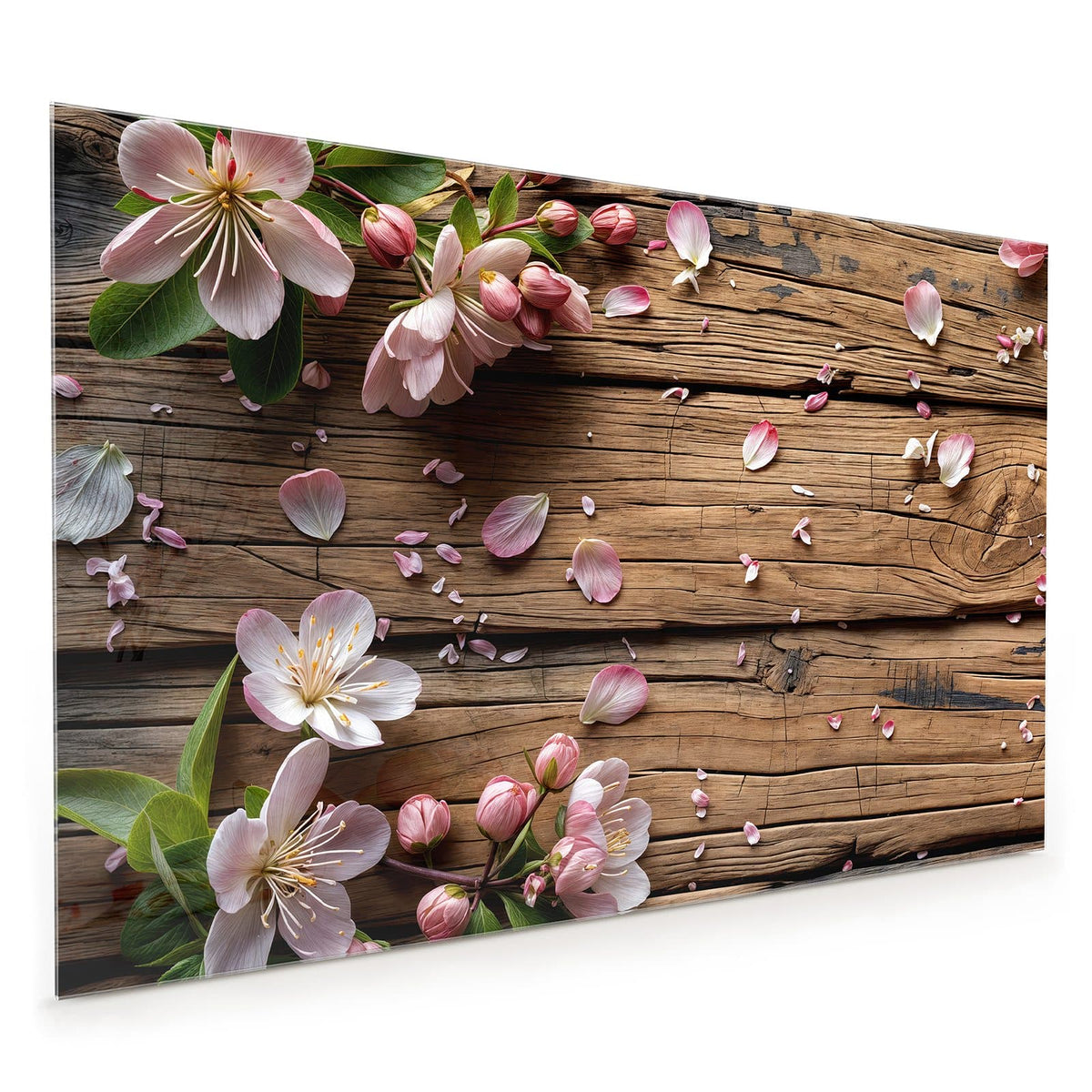 Küchenrückwand aus Glas im Hochformat: Rosa-weiße Apfelblütenzweige und verstreute Blütenblätter auf rustikalen Holzbohlen.