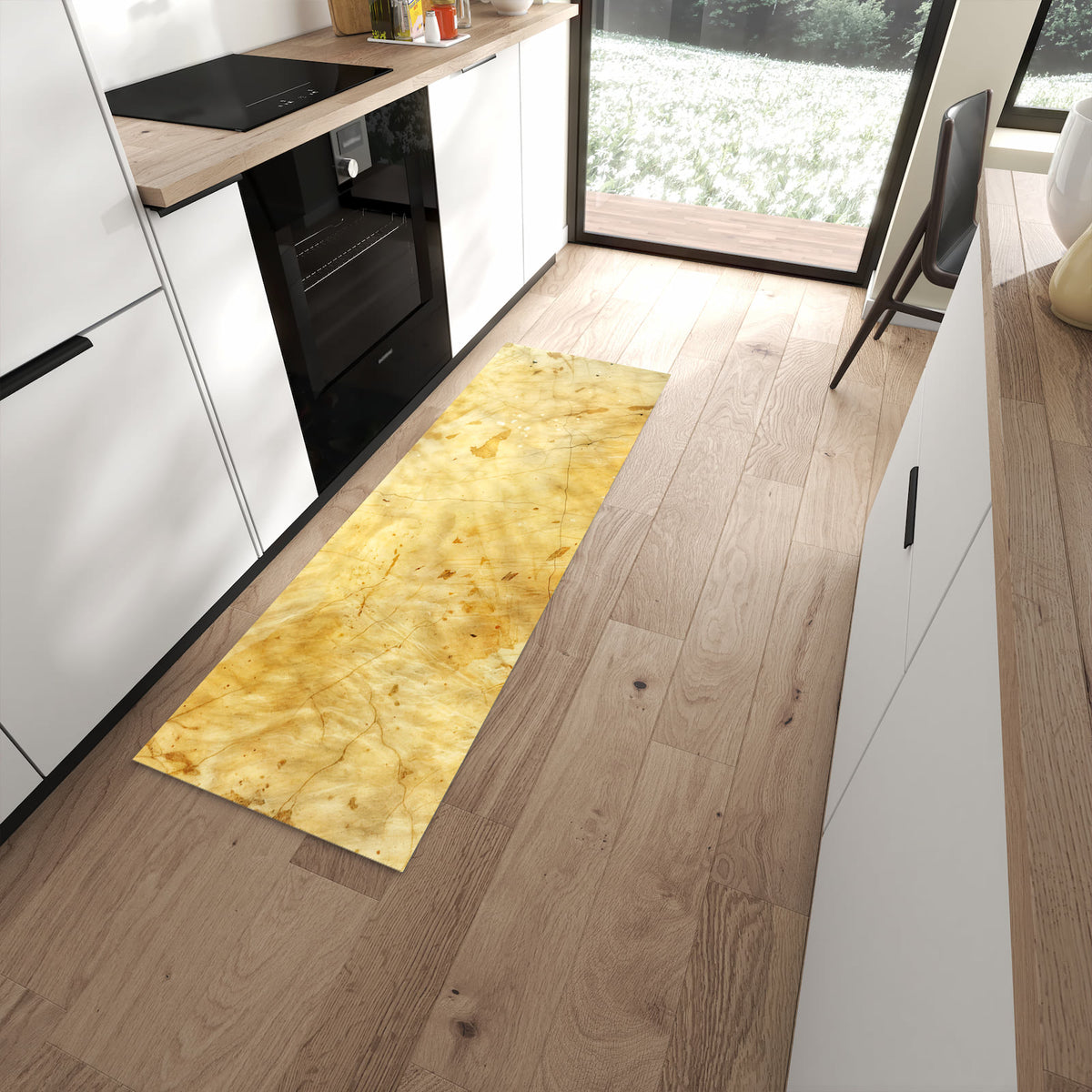 Wasserabweisender Teppich für die Küche mit Motiv Marmorierte Oberfläche in moderner Küche