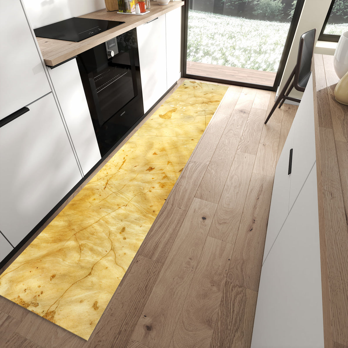 Geruchsneutraler Teppich in Küche mit Motiv Marmorierte Oberfläche in moderner Küche