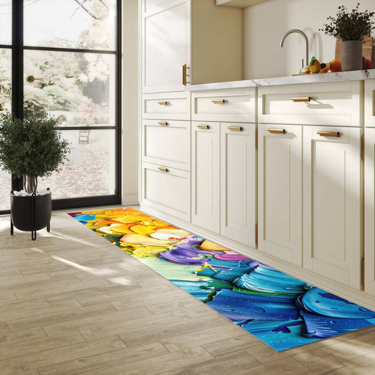 Rutschfester Bodenläufer-Teppich mit Motiv Farbenfrohe Pinselstriche in heller Küche