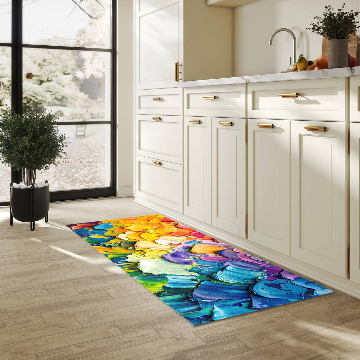 Bodenschonender Küchenteppich mit Motiv Farbenfrohe Pinselstriche in heller Küche
