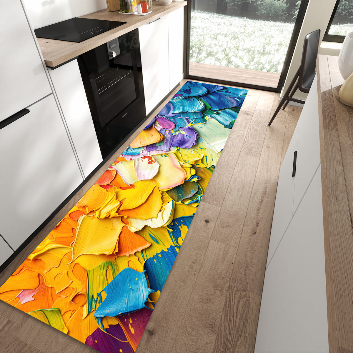 Zeitsparender abwaschbarer Küchenteppich mit Motiv Farbenfrohe Pinselstriche in moderner Küche