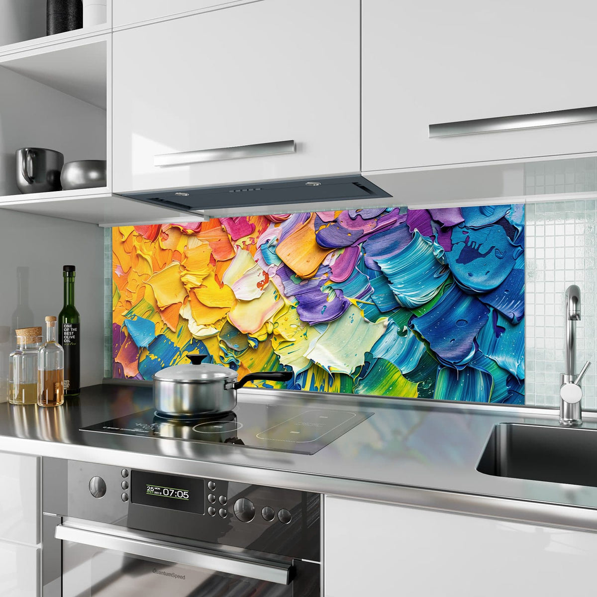 Küchenrückwand aus Glas Regenbogenfarben im Hochformat als Spritzschutz hinter dem Kochfeld, über dem Fliesenspiegel montiert