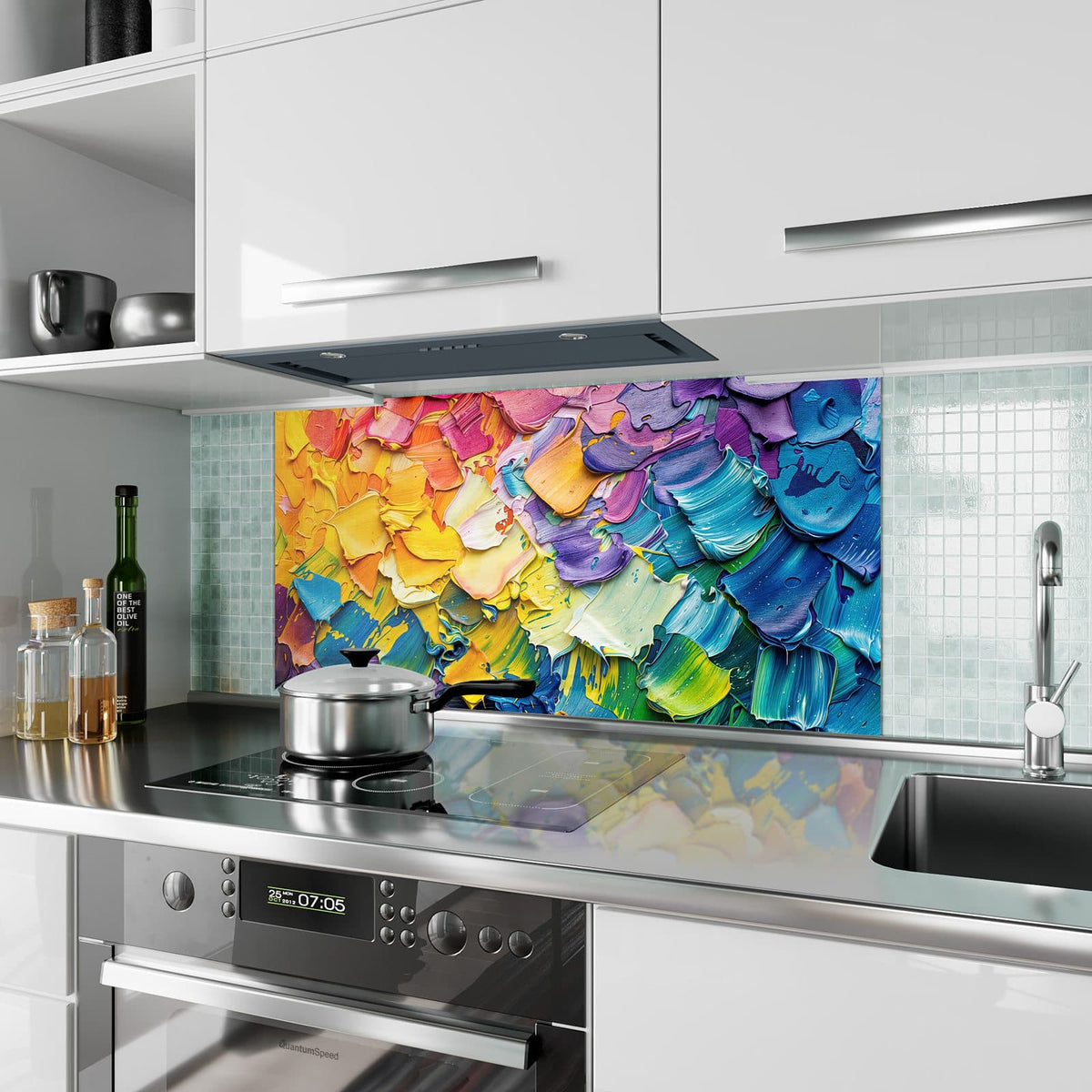 Küchenrückwand aus Glas Regenbogenfarben im Hochformat als Spritzschutz hinter dem Kochfeld, über dem Fliesenspiegel montiert