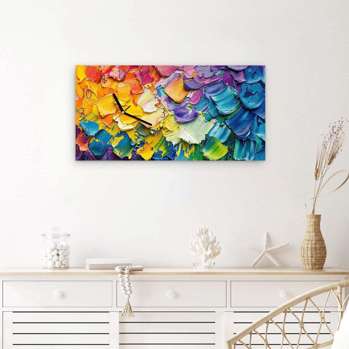 Wanduhr Farbenfrohe Pinselstriche aus Glas – Querformat 60 × 30 cm – Dicke Pinselstriche in Regenbogenfarben