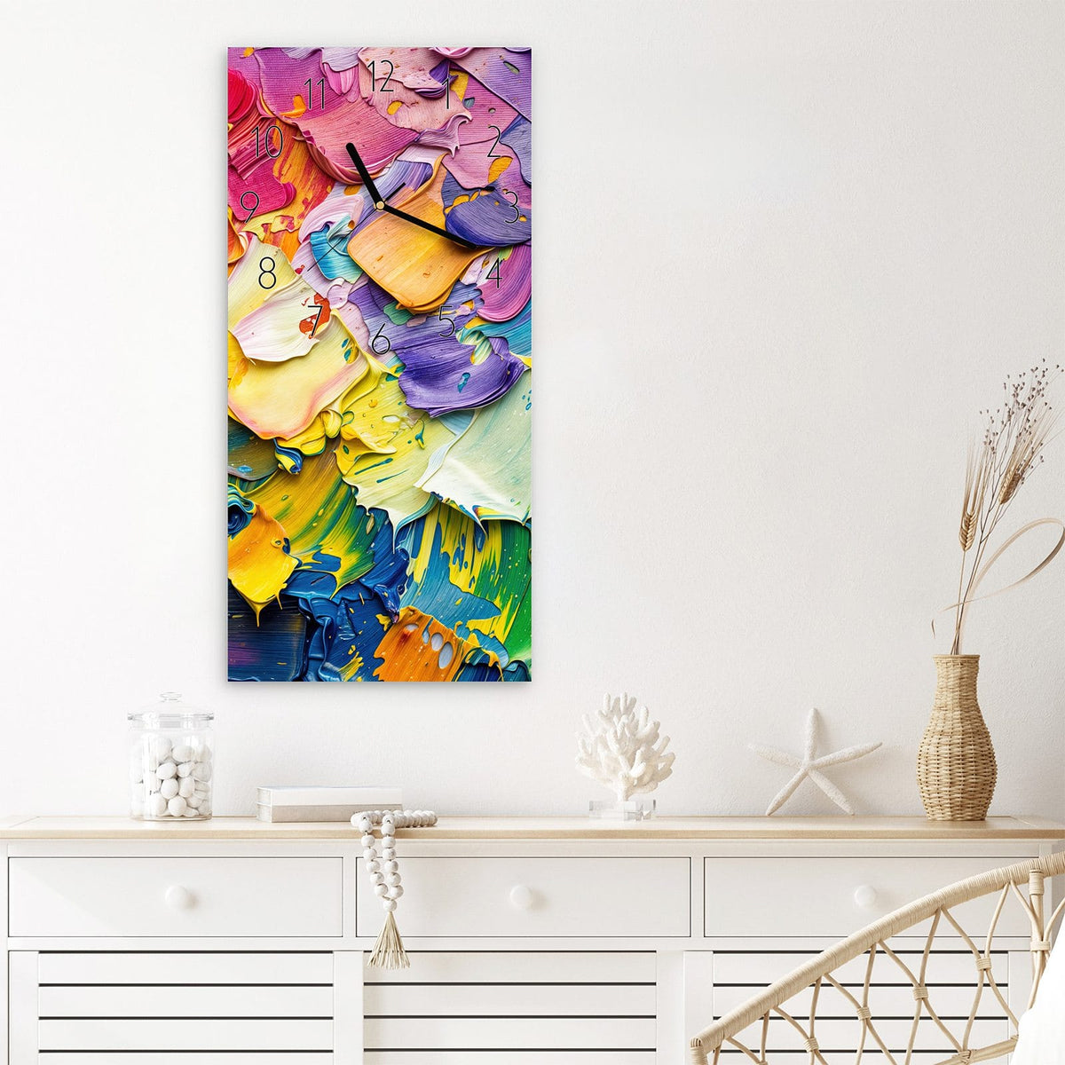 Wanduhr Farbenfrohe Pinselstriche aus Glas – Hochformat 30 × 60 cm – Dicke Pinselstriche in Regenbogenfarben