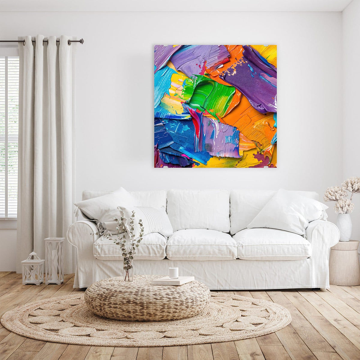 Glasbild Farbsymphonie an der Wand – Pastose Farbbröcken in Lila, Grün, Orange und Blau dicht nebeneinander