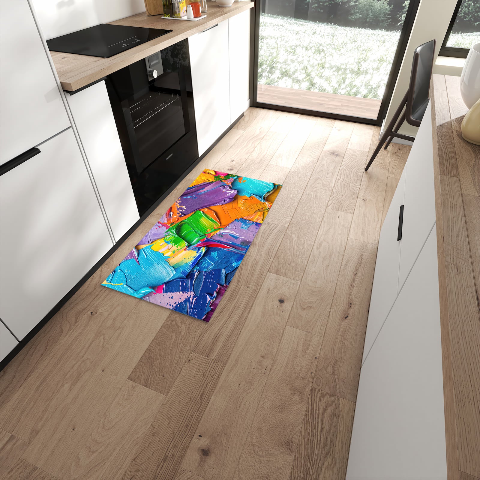 Wasserabweisender Küchenteppich mit Motiv Farbsymphonie in moderner Küche #grösse_60 x 120 cm
