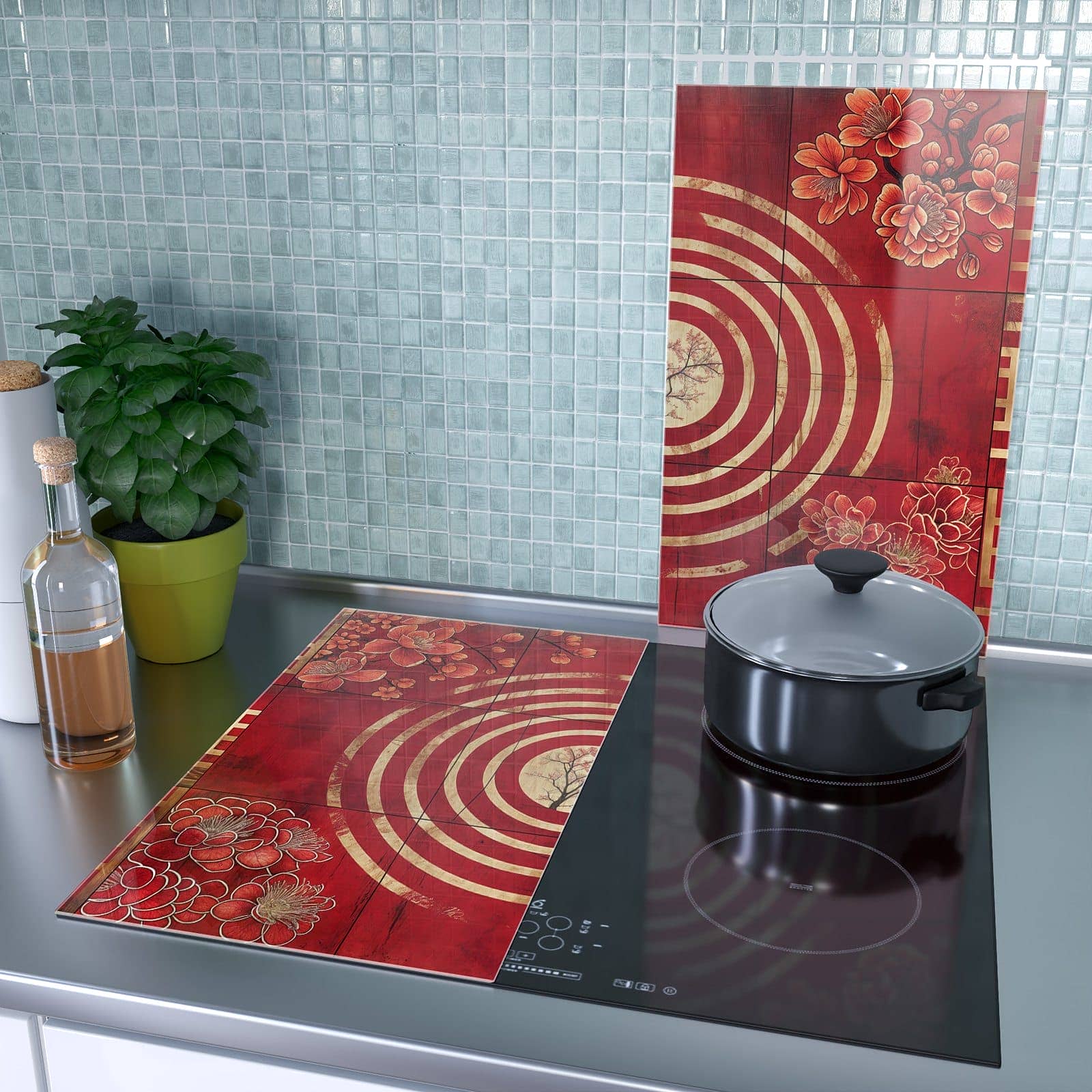2-teilige Abdeckplatte Ceranfeld mit Blumenmuster Kreise-Motiv als Spritzschutz hinter dem Kochfeld