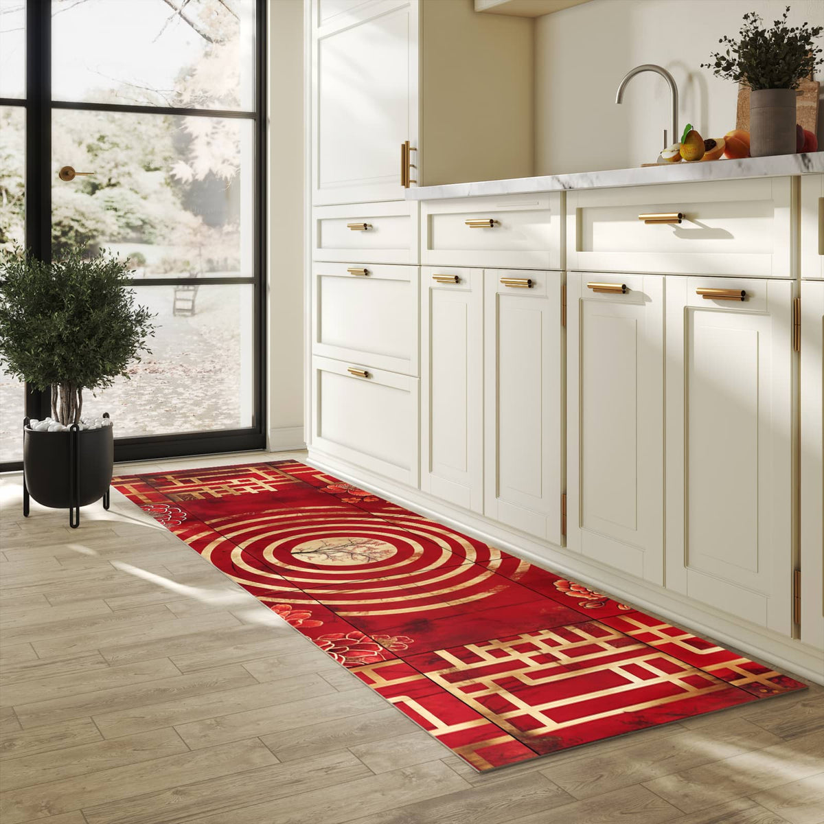 Formstabiler Küchenteppich mit Motiv Blumenmuster Kreise in heller Küche