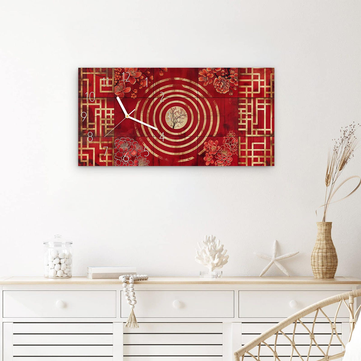 Wanduhr Blumenmuster Kreise aus Glas – Querformat 60 × 30 cm – Rote Kreise mit zartem Baum