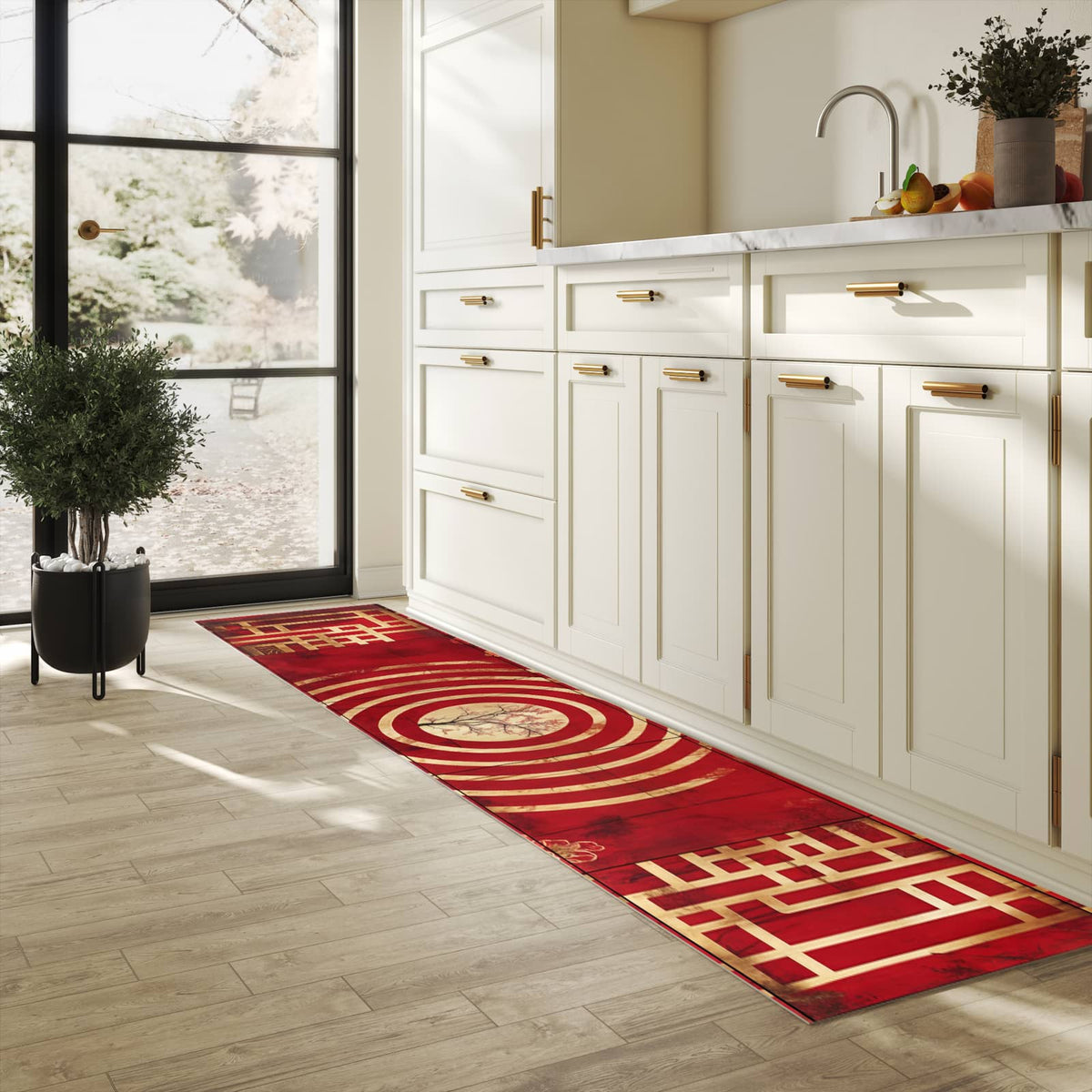 Bodenschonender Küchenteppich mit Motiv Blumenmuster Kreise in heller Küche