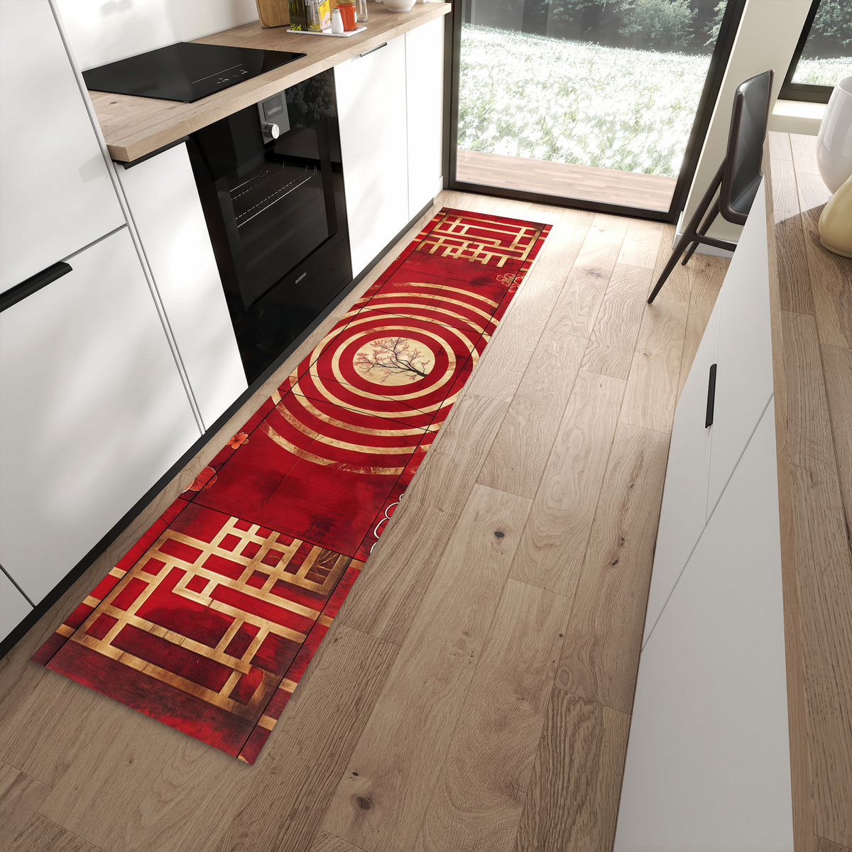 Bodenschonender rutschfester Läufer mit Motiv Blumenmuster Kreise in moderner Küche