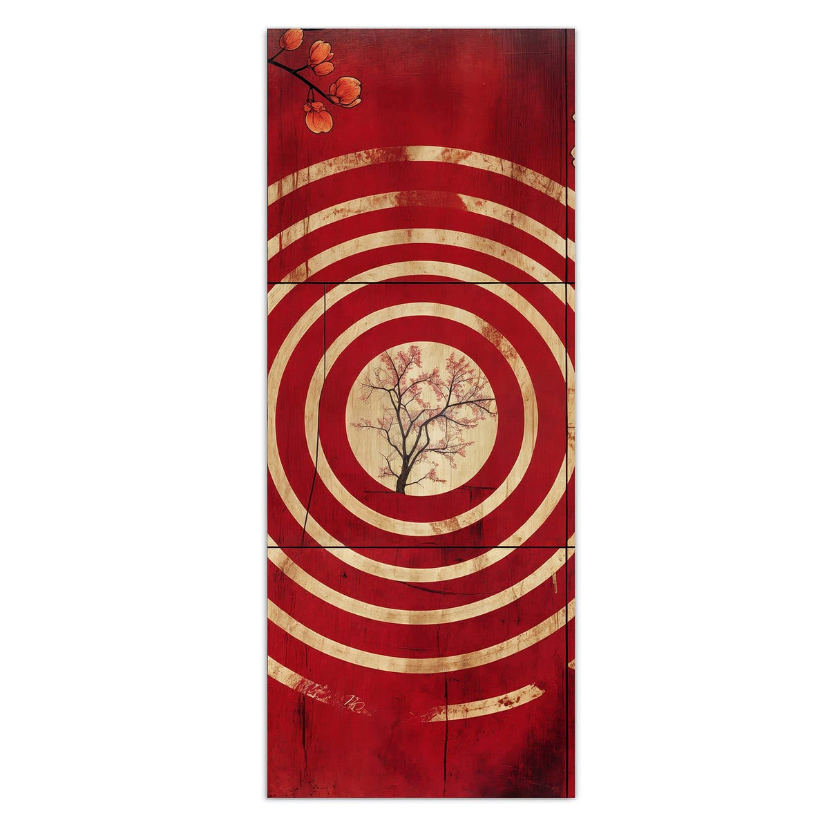 Wandbild - Baum im goldenen Kreis - Hochformat – Goldene Ringe mit Baum auf Rot