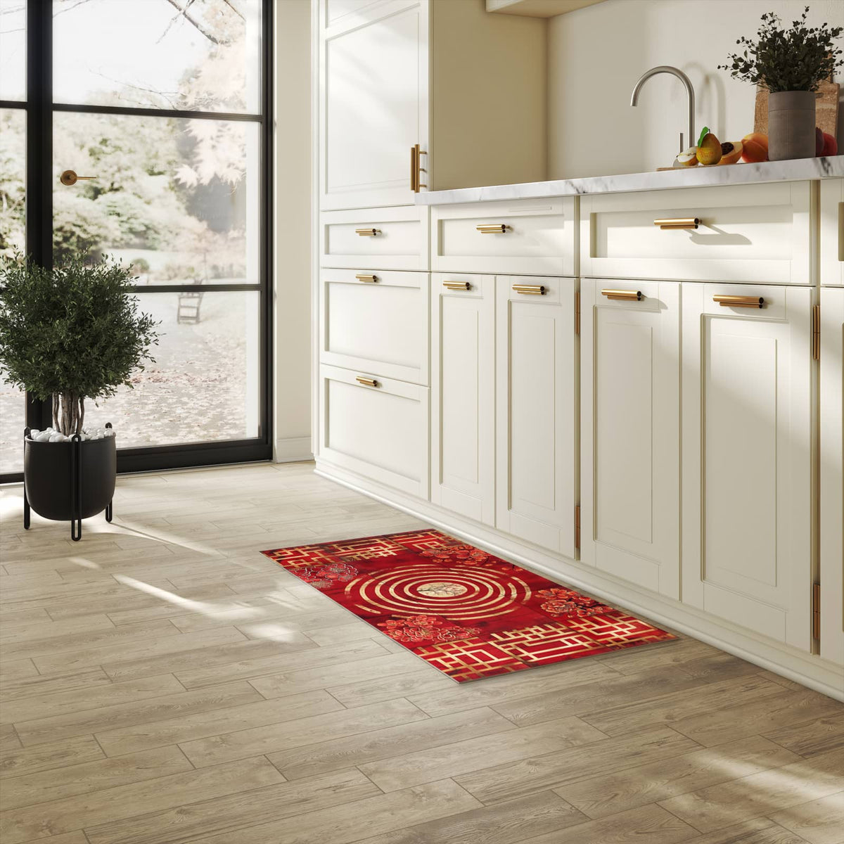 Strapazierfähiger abwaschbarer Küchenläufer mit Motiv Blumenmuster Kreise in heller Küche