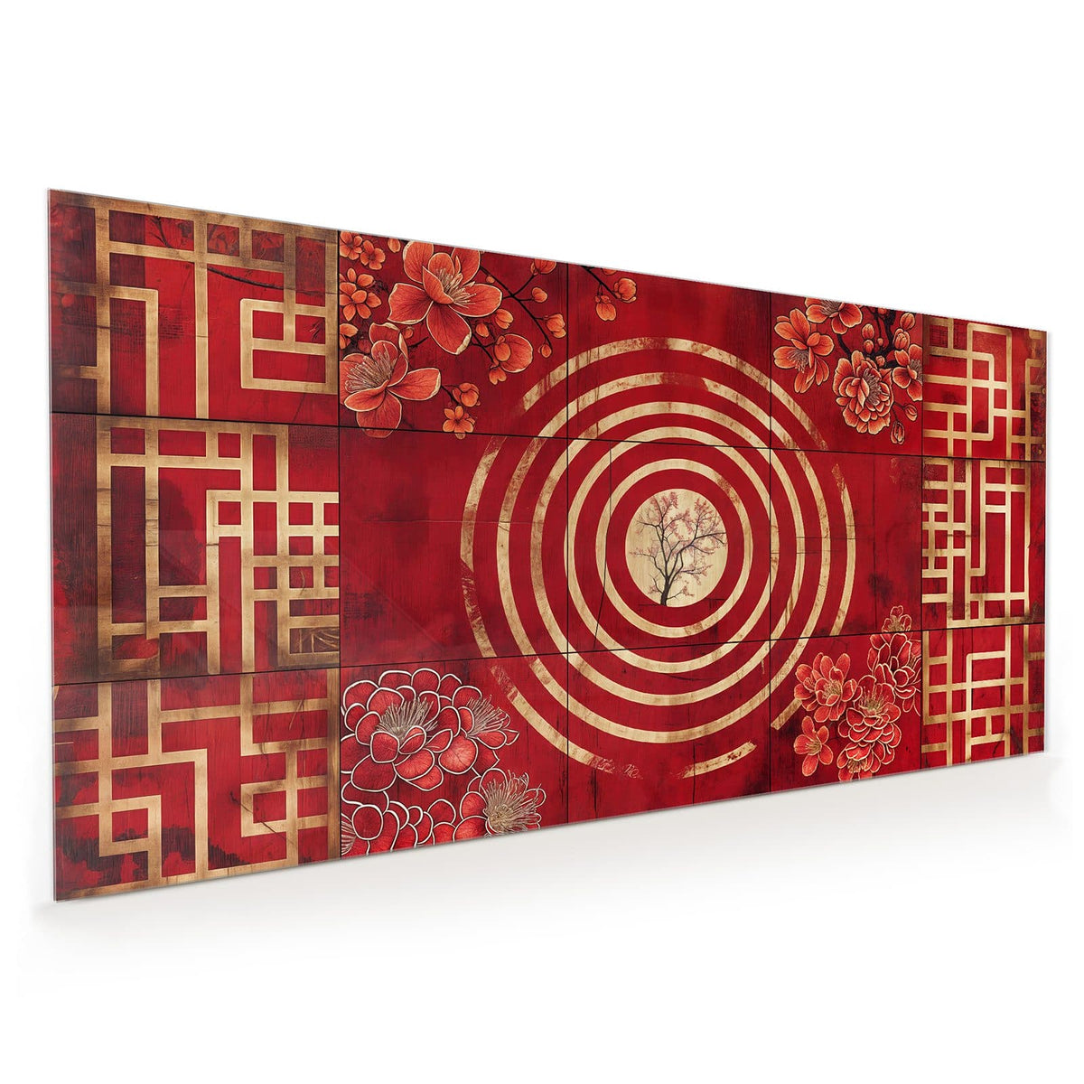 Küchenrückwand aus Glas im Hochformat: Rote Tafel mit goldenen konzentrischen Ringen, in der Mitte ein zarter Baum, in den Ecken rote Blüten