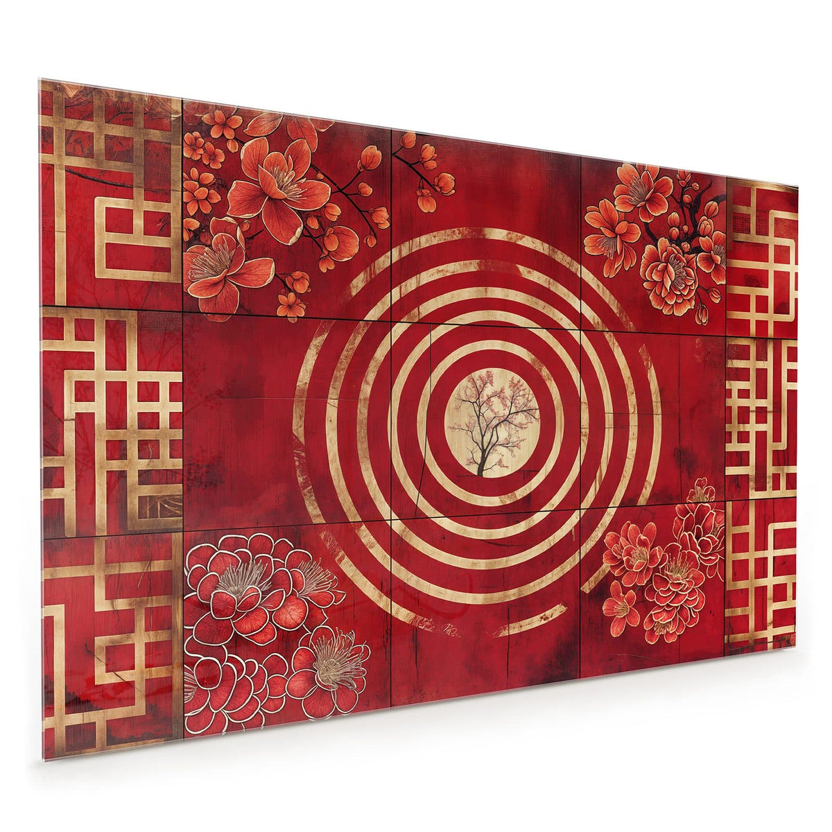 Küchenrückwand aus Glas im Hochformat: Rote Tafel mit goldenen konzentrischen Ringen, in der Mitte ein zarter Baum, in den Ecken rote Blüten