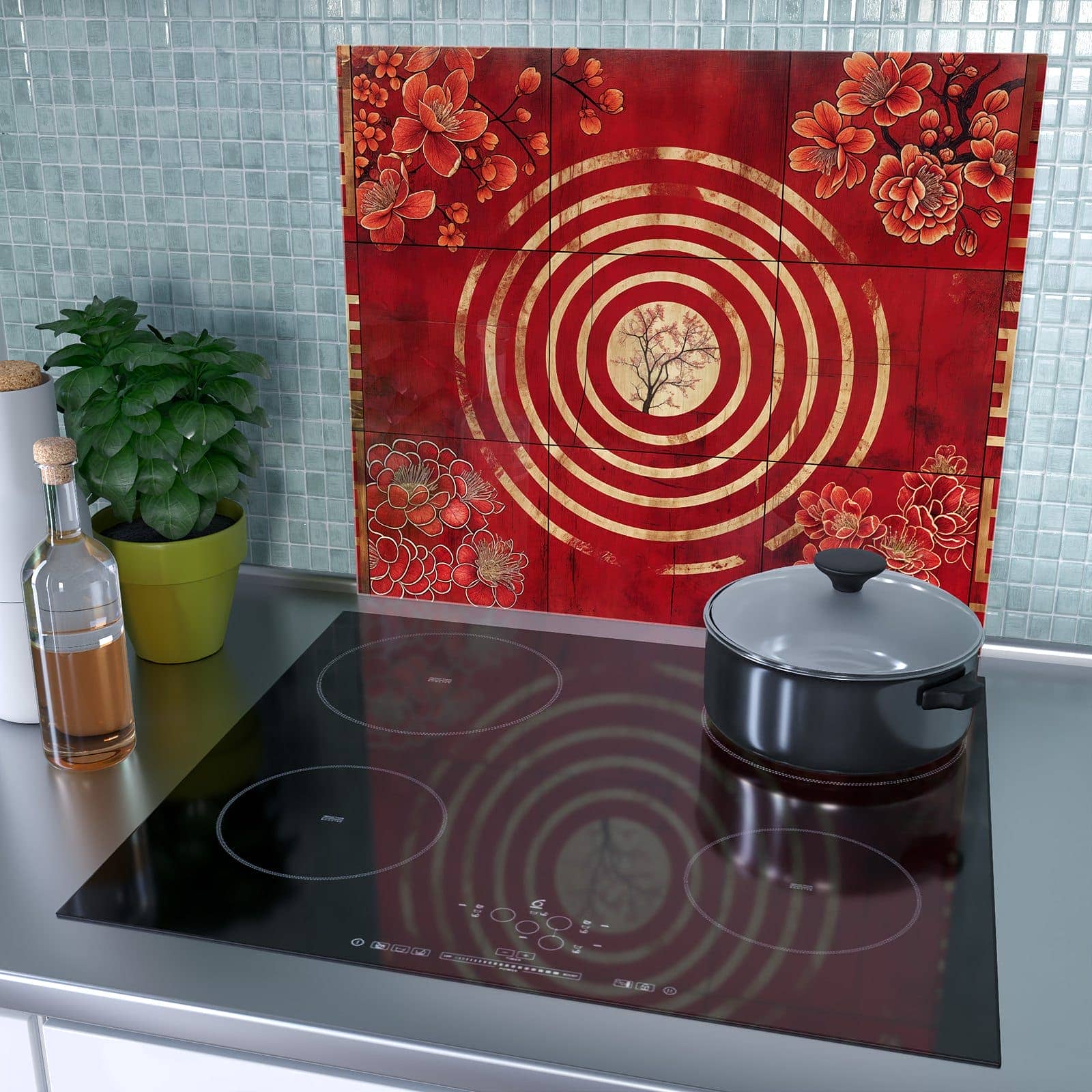 1-teilige Herdabdeckplatte aus Glas mit Blumenmuster Kreise-Motiv als Spritzschutz hinter dem Kochfeld