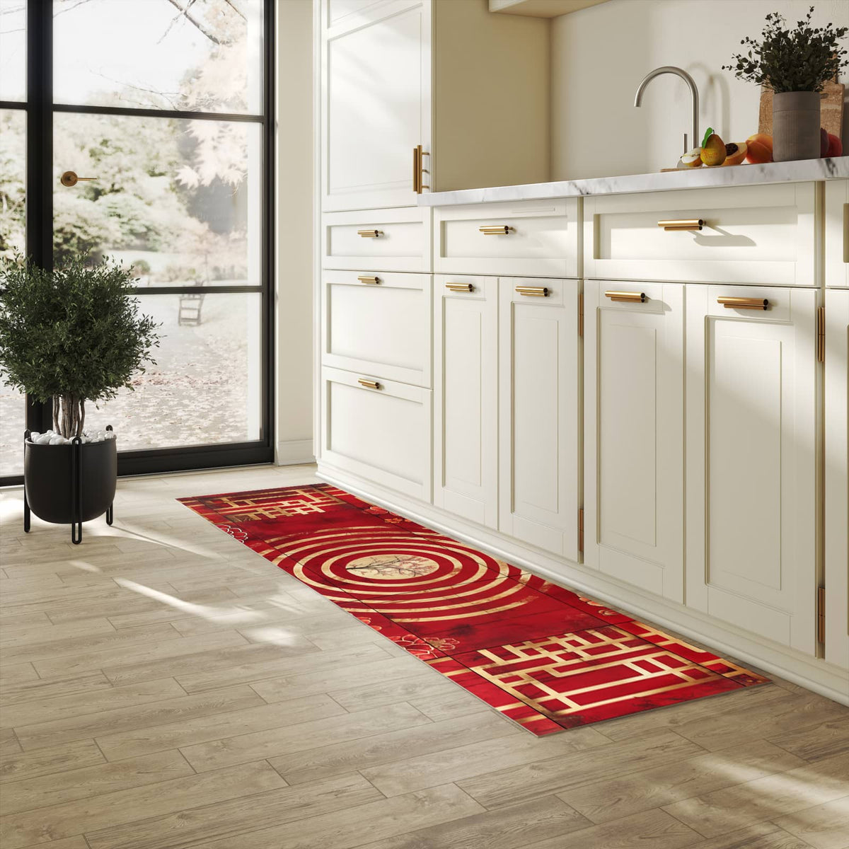 Rutschfester Küchenteppich mit Motiv Blumenmuster Kreise in heller Küche