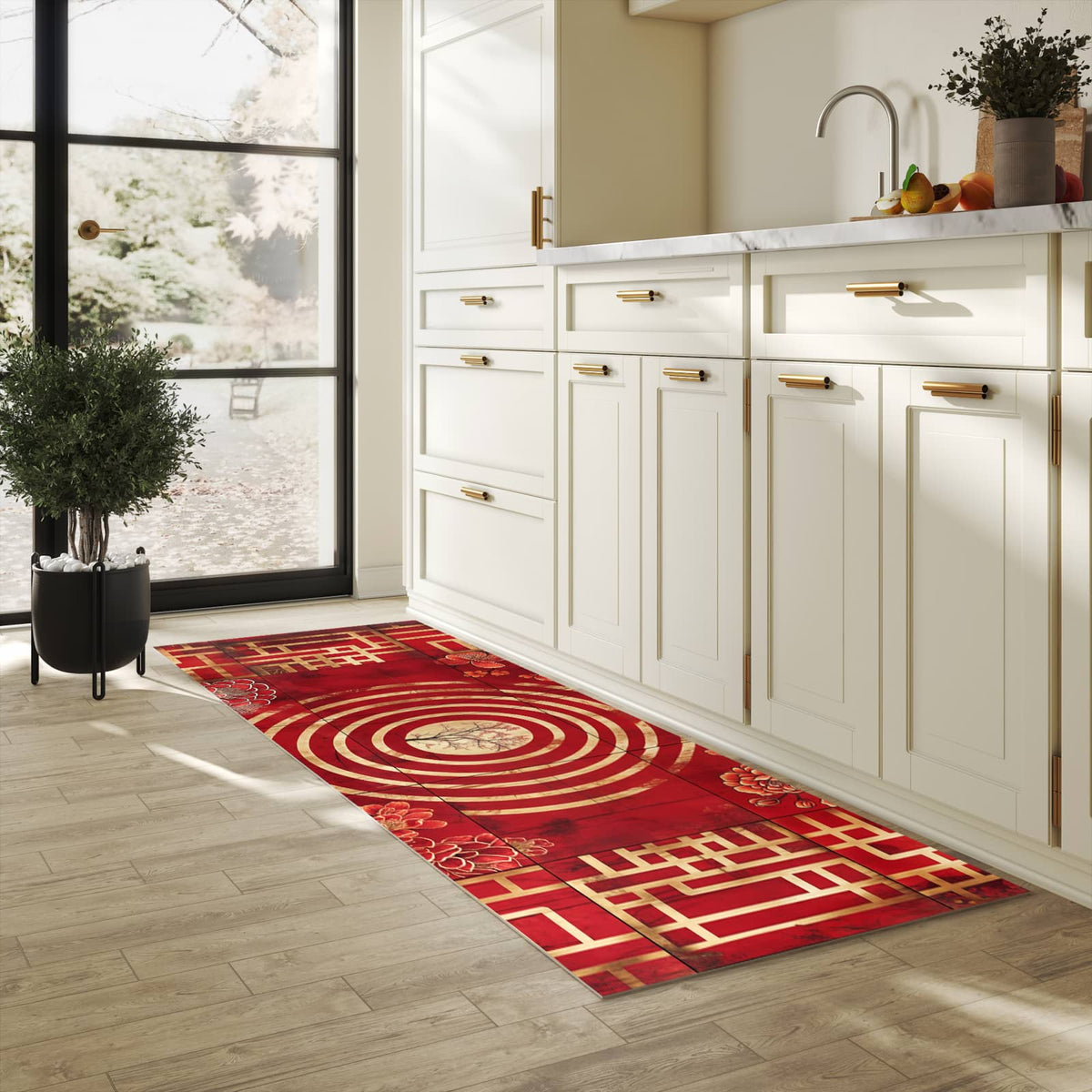 Farbbeständiger Küchenteppich mit Motiv Blumenmuster Kreise in heller Küche