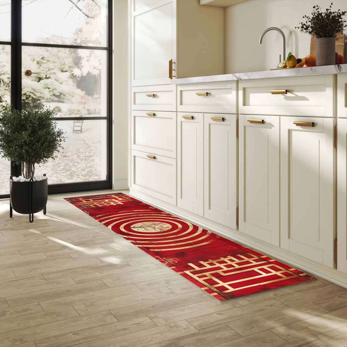 Feuchtigkeitsresistenter Teppich für Küche mit Motiv Blumenmuster Kreise in heller Küche