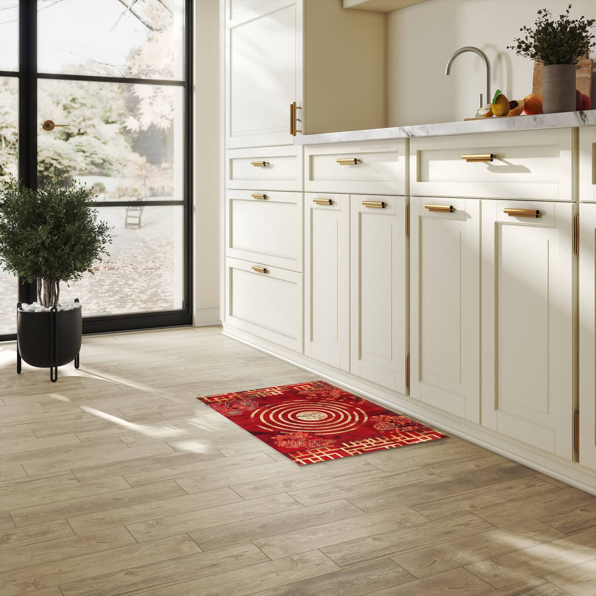 Küchenteppich mit Motiv Blumenmuster Kreise für Ordnung in heller Küche