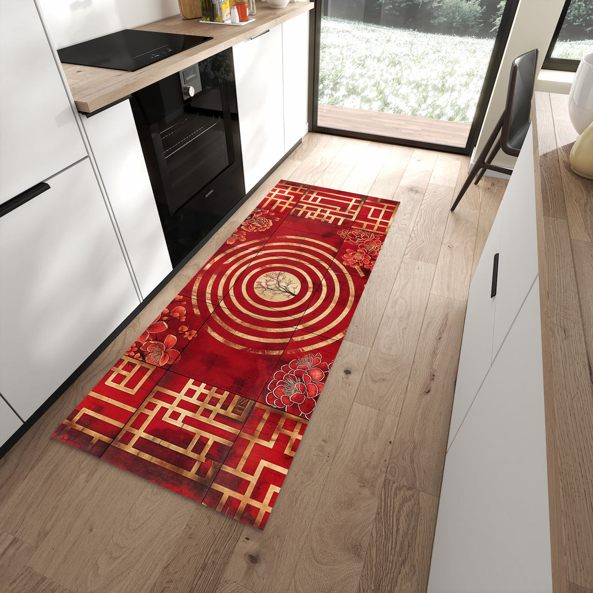 Waschbarer Küchenteppich mit Motiv Blumenmuster Kreise in moderner Küche für sichere Aufbewahrung