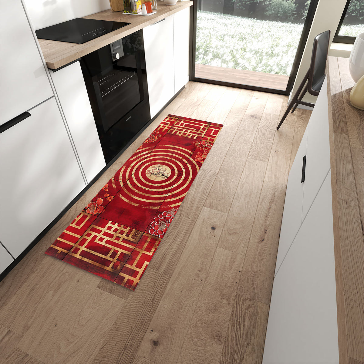Bodenschonender langer Teppich mit Motiv Blumenmuster Kreise in moderner Küche
