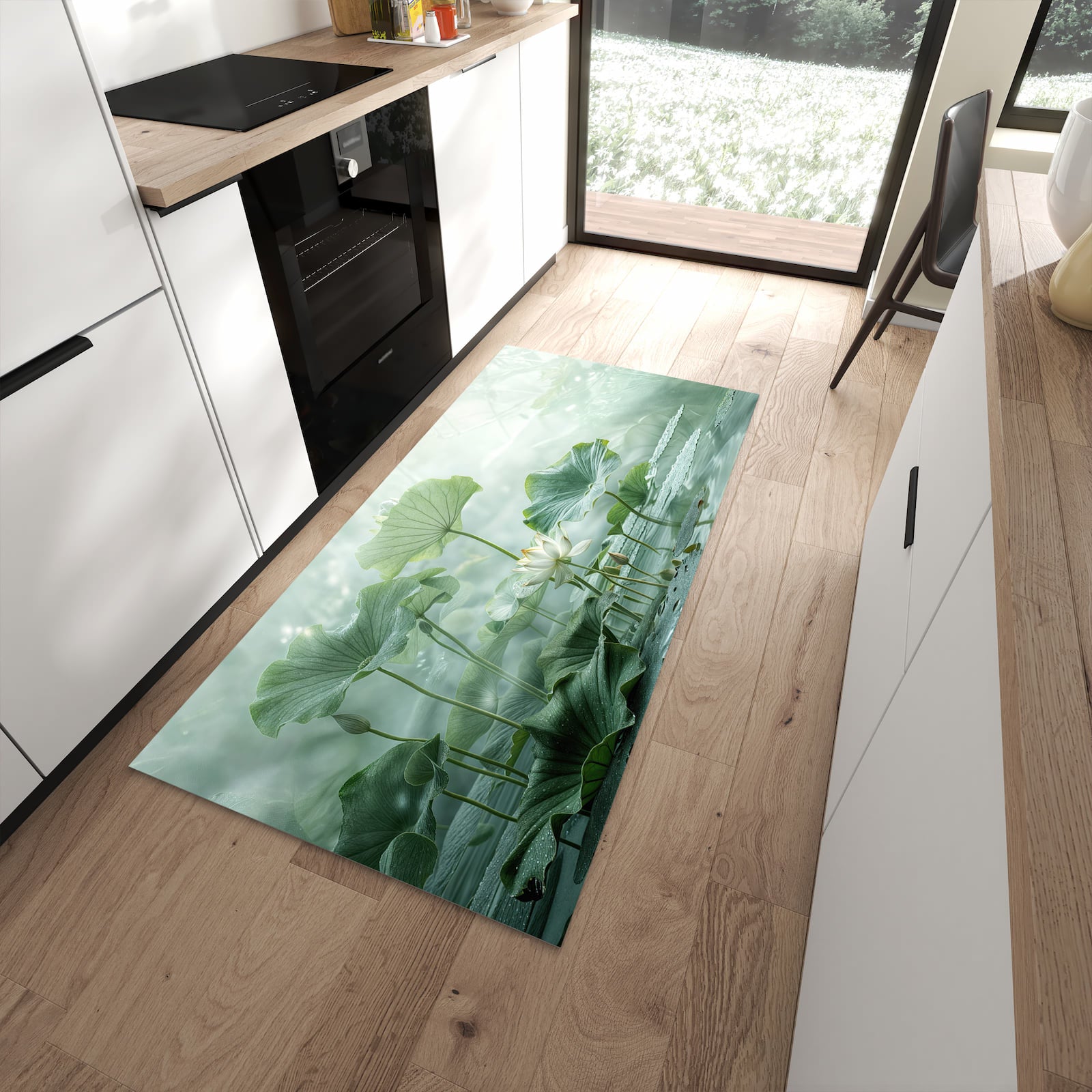 Langlebiger Küchenteppich mit Motiv Lotusteich in moderner Küche