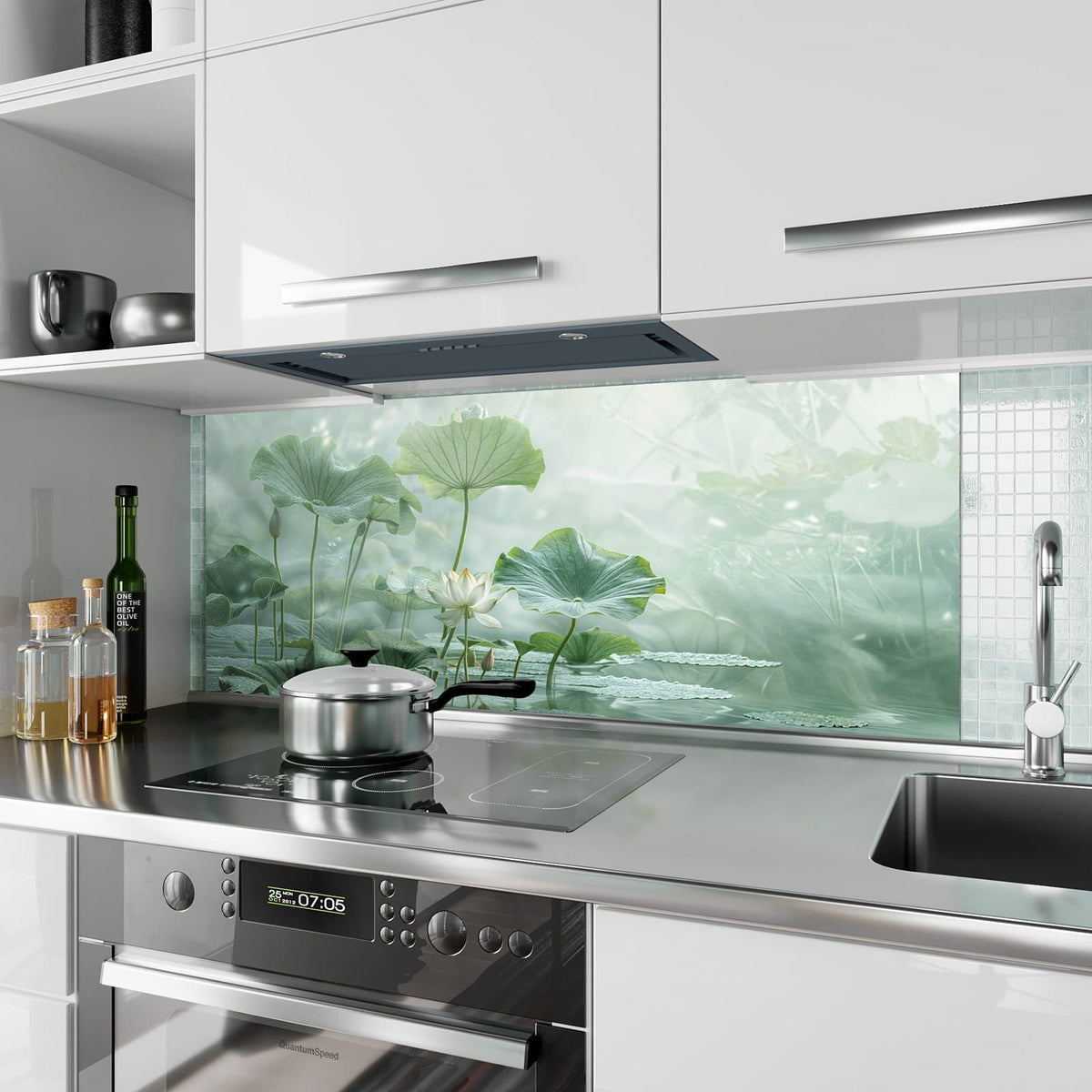 Küchenrückwand aus Glas Lotusteich im Hochformat als Spritzschutz hinter dem Kochfeld, über dem Fliesenspiegel montiert