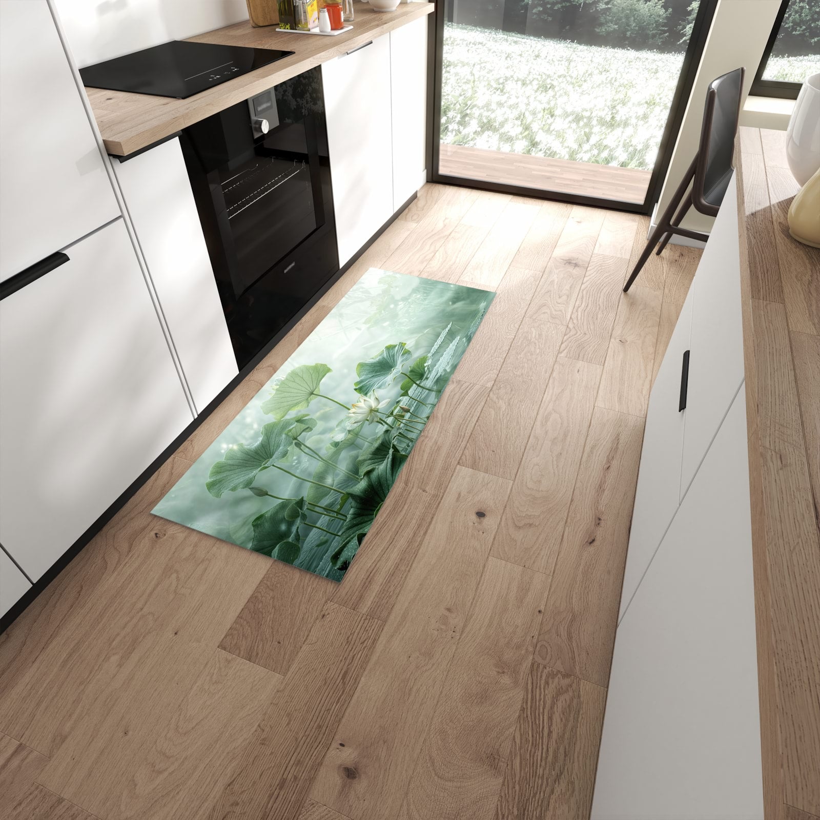 Waschbarer Küchenteppich mit Motiv Lotusteich in moderner Küche für sichere Aufbewahrung #grösse_60 x 150 cm