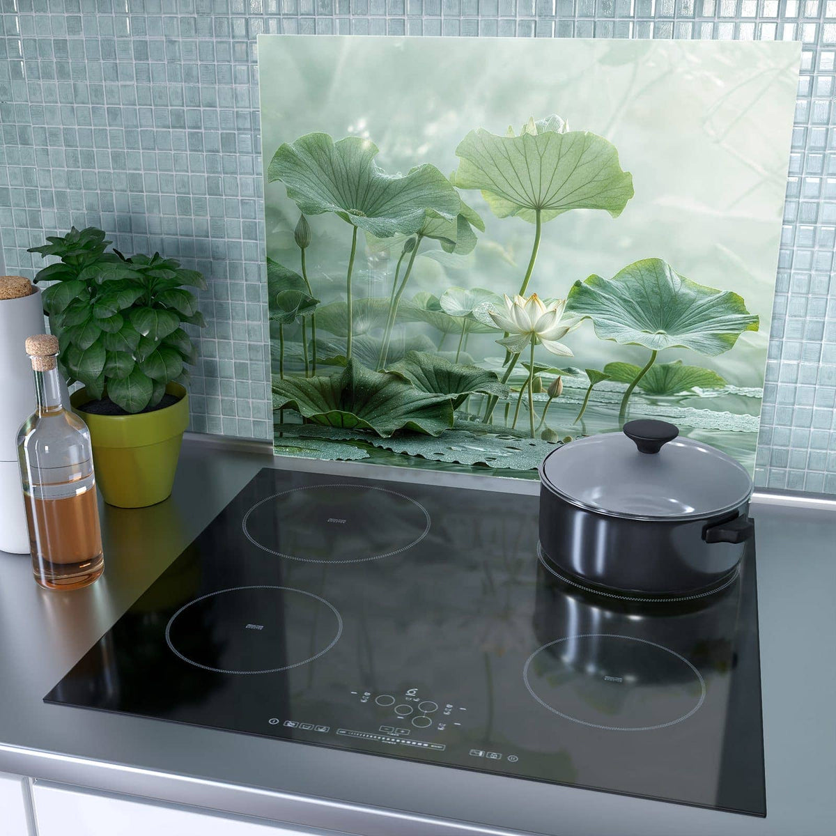 1-teilige Herdabdeckplatten aus Glas mit Lotusteich-Motiv als Spritzschutz hinter dem Kochfeld