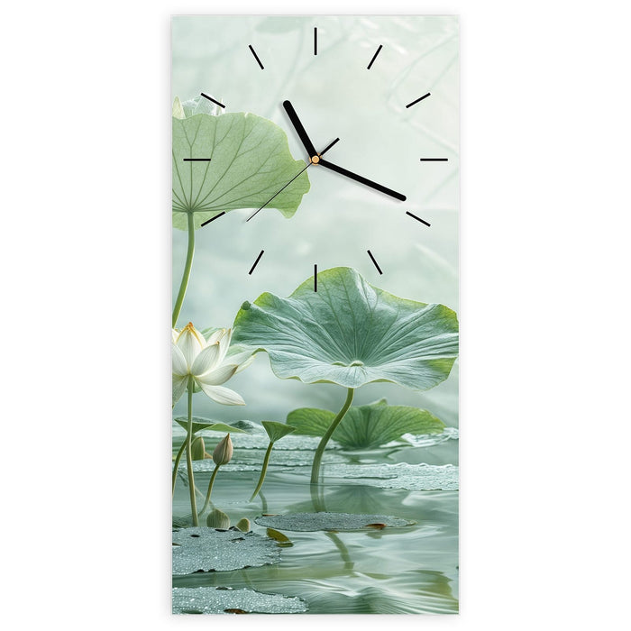 Wanduhr Lotusteich aus Glas – Hochformat 30 × 60 cm mit Ziffernblatt Linie