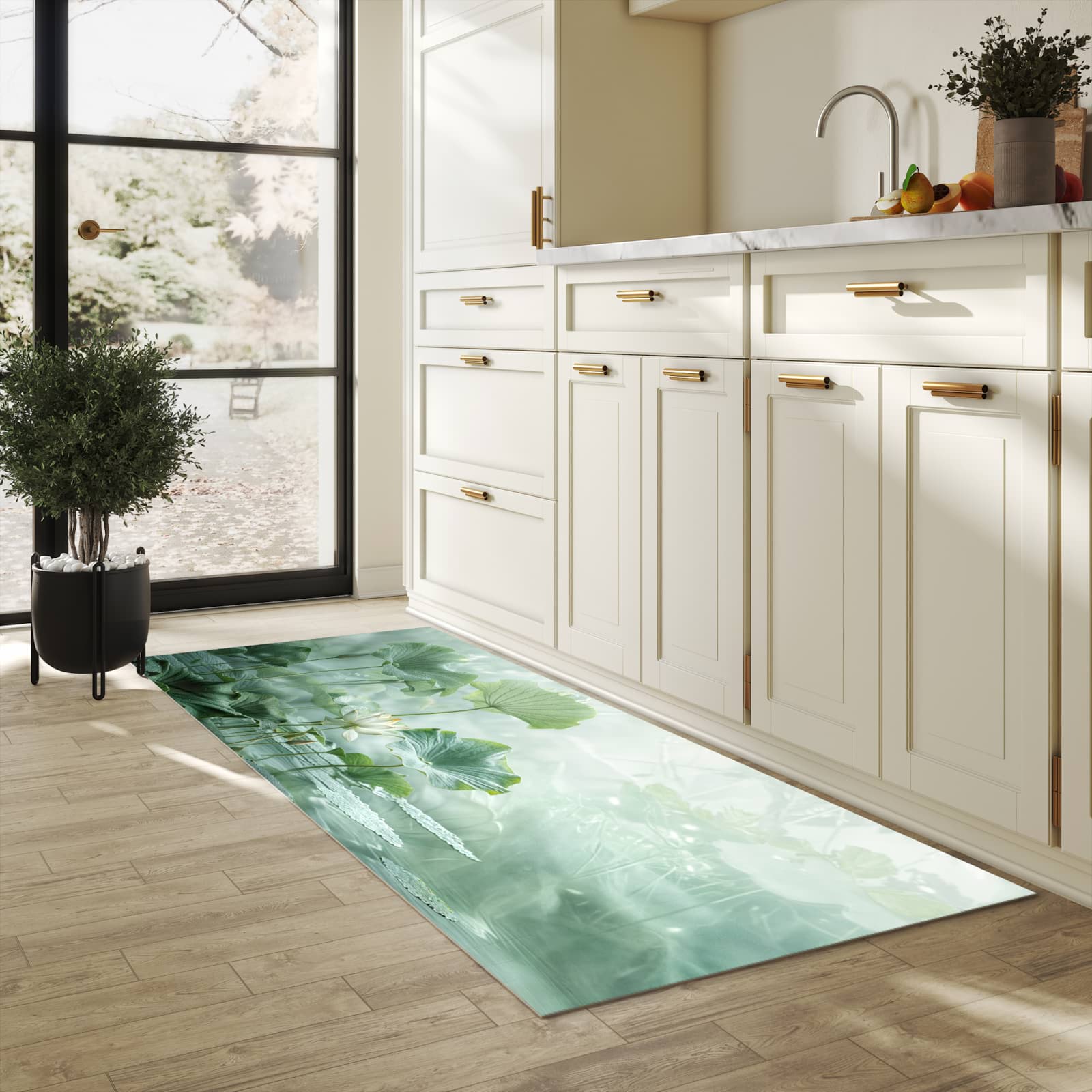 Waschbarer Küchenteppich mit Motiv Lotusteich in heller Küche