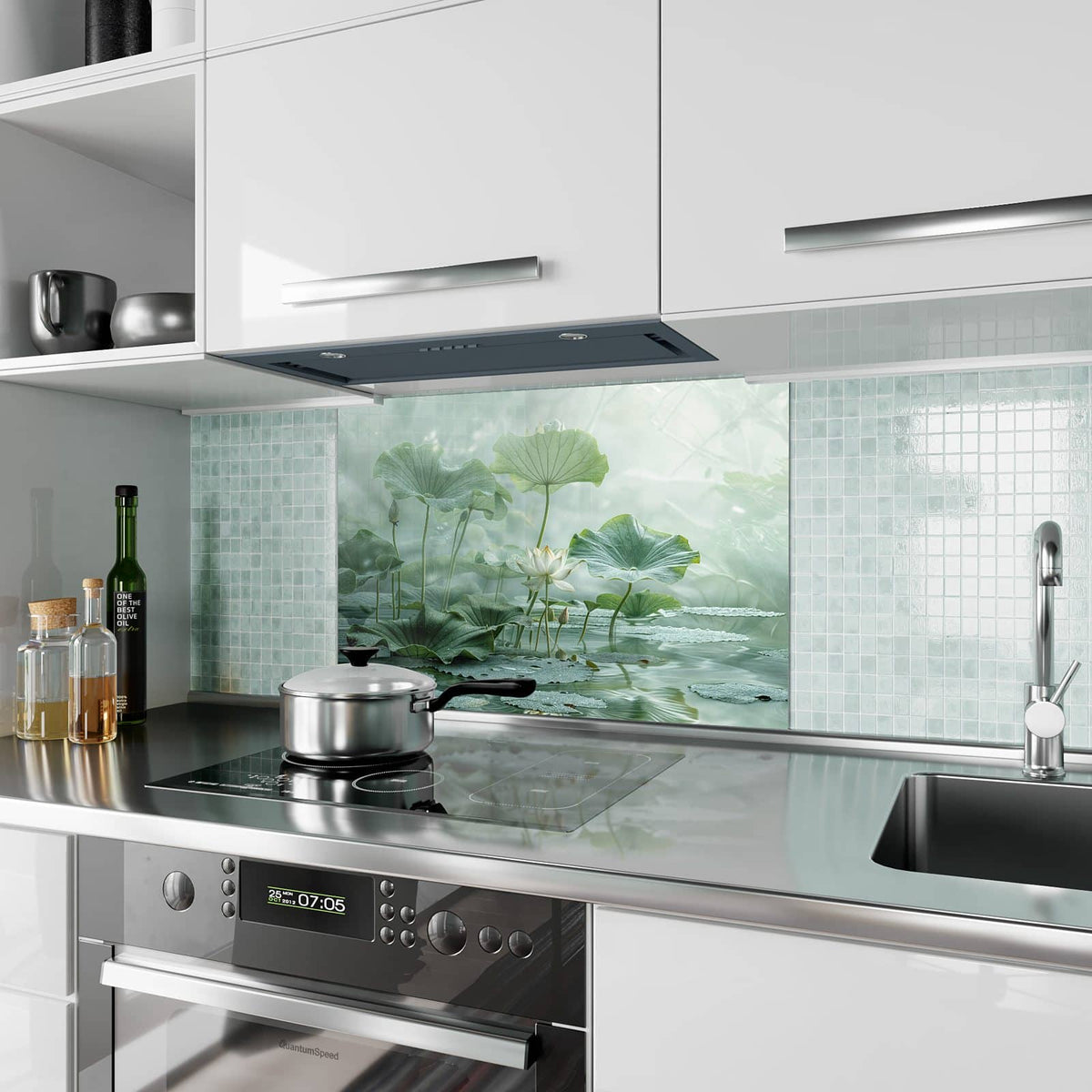 Küchenrückwand aus Glas Lotusteich im Hochformat als Spritzschutz hinter dem Kochfeld, über dem Fliesenspiegel montiert