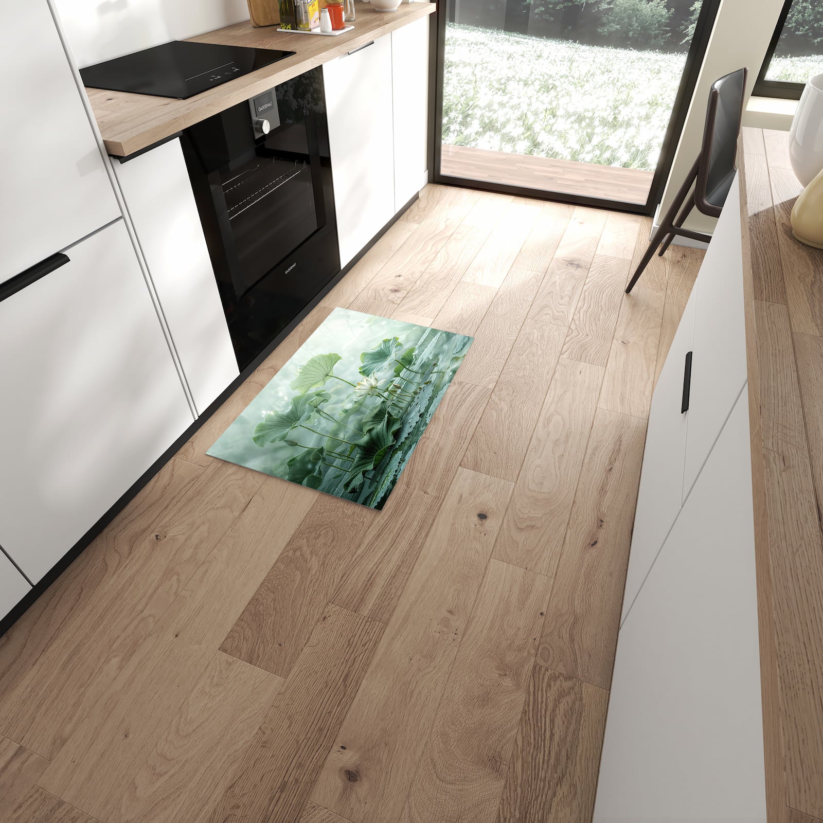 Komfortabler Bodenläufer-Teppich mit Motiv Lotusteich in moderner Küche