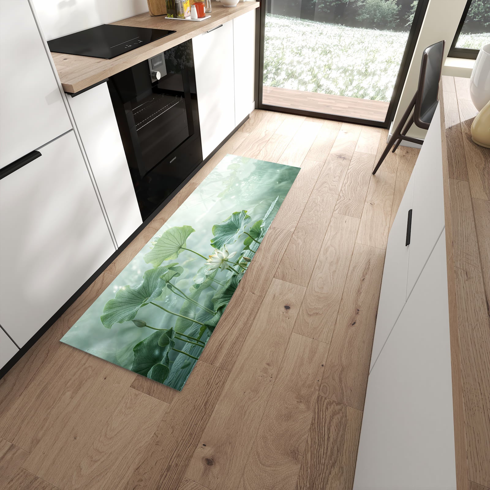 Waschbarer Teppich fürs Esszimmer mit Motiv Lotusteich in moderner Küche