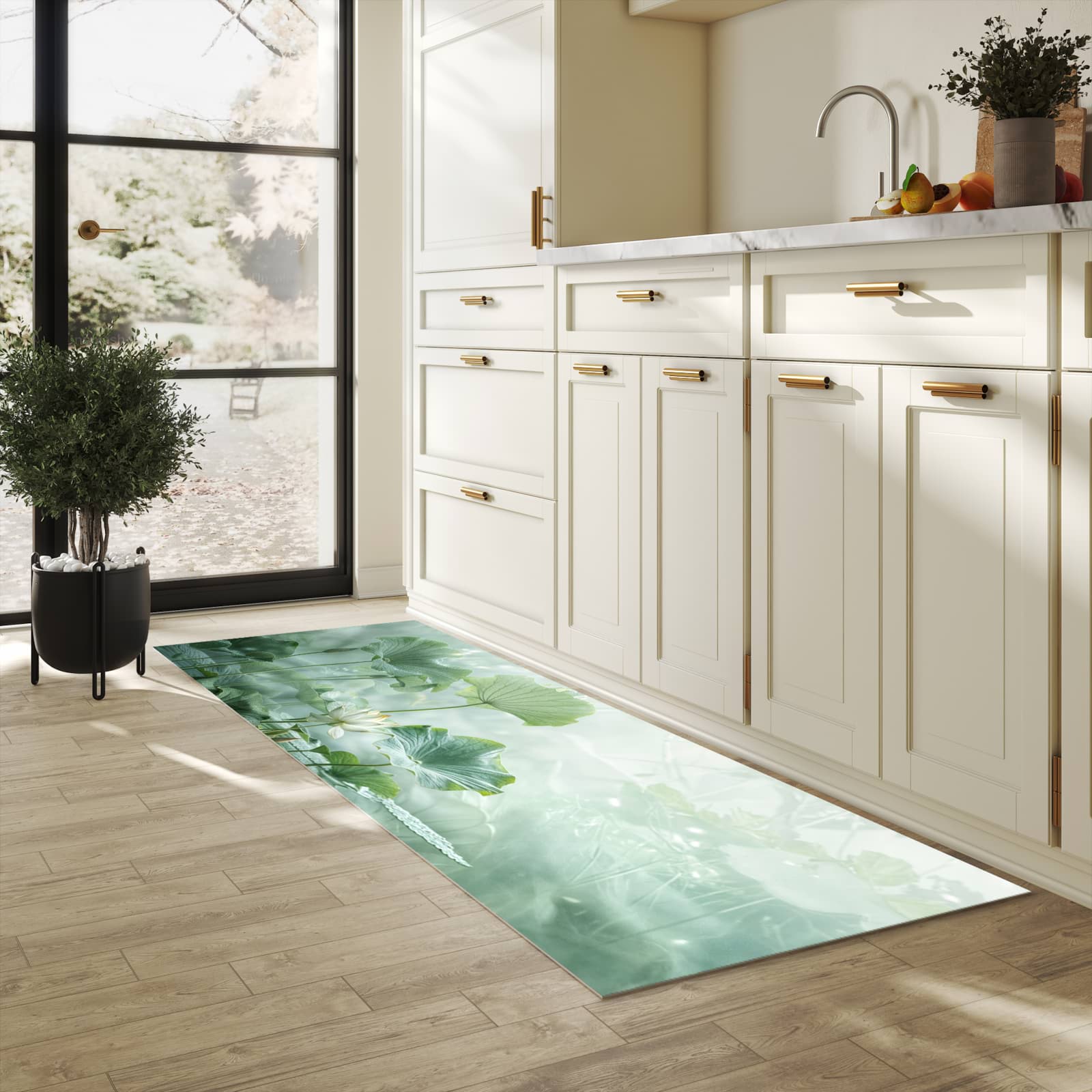 Abwaschbarer Küchenteppich mit Motiv Lotusteich in heller Küche