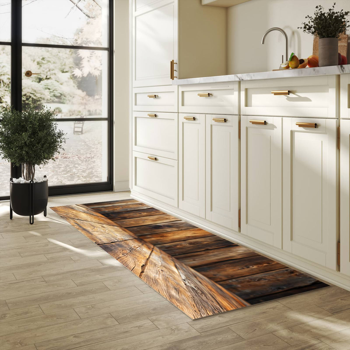 Küchenteppich mit Motiv Holzbodenoptik in heller Küche für sicheres Aufbewahren