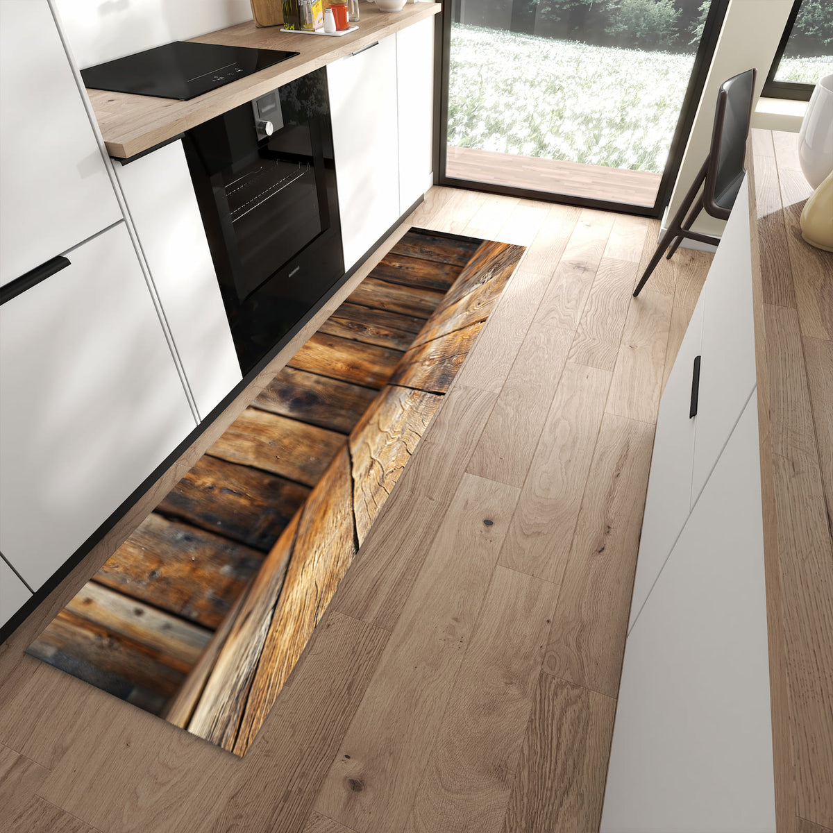 Farbbeständiger Küchenläufer mit Motiv Holzbodenoptik in moderner Küche
