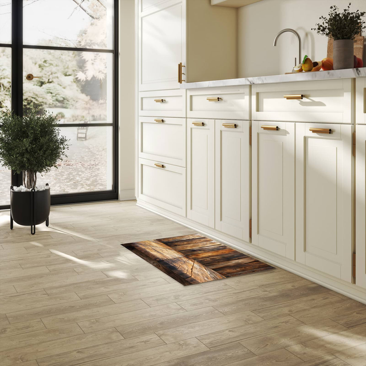Farbbeständiger Küchenteppich mit Motiv Holzbodenoptik in heller Küche