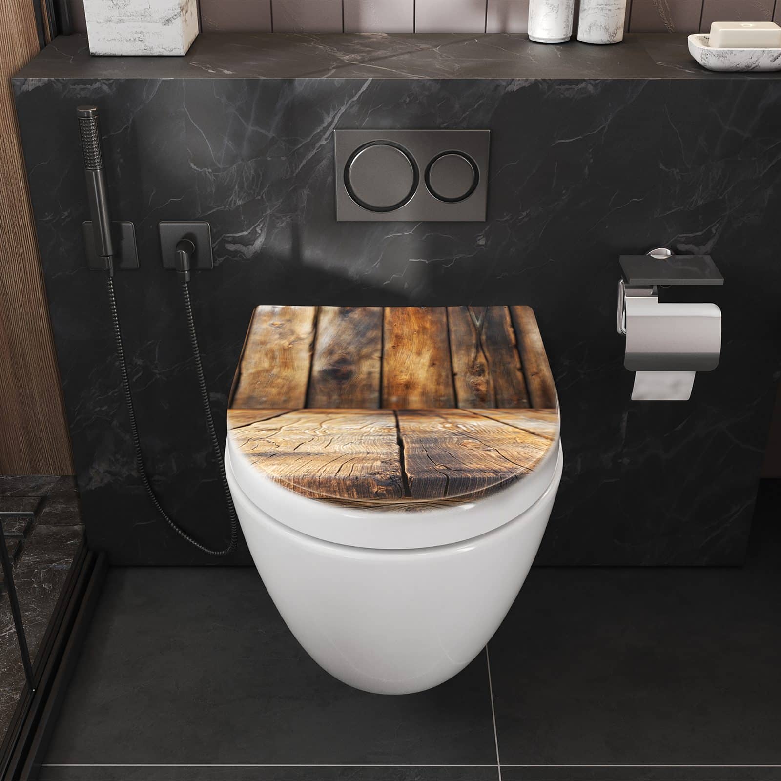 WC-Sitz mit Absenkautomatik Holzbodenoptik