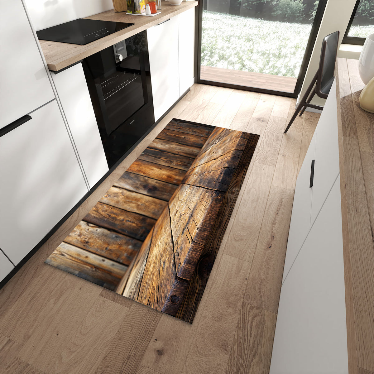 Wasserabweisender Teppich für Küche mit Motiv Holzbodenoptik in moderner Küche