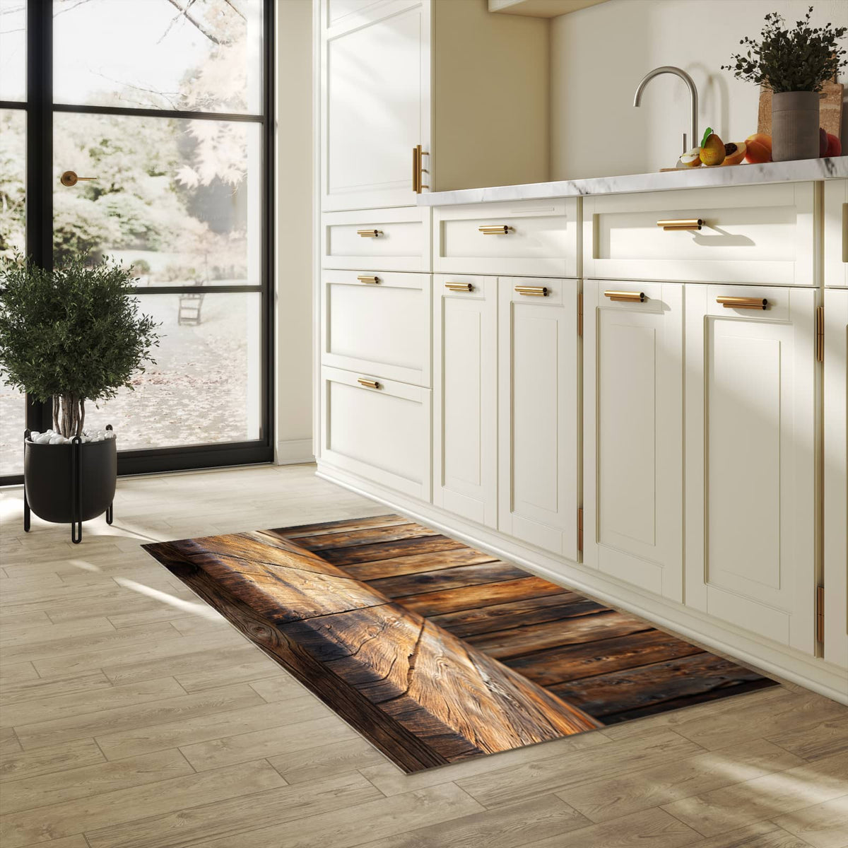 Abriebfester großer Küchenteppich mit Motiv Holzbodenoptik in heller Küche