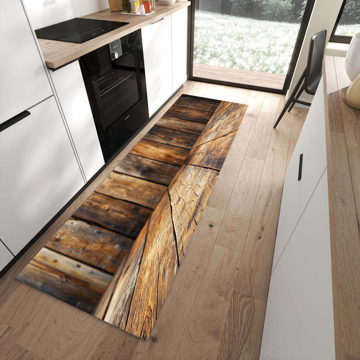 Abriebfester Küchenteppich mit Motiv Holzbodenoptik in moderner Küche