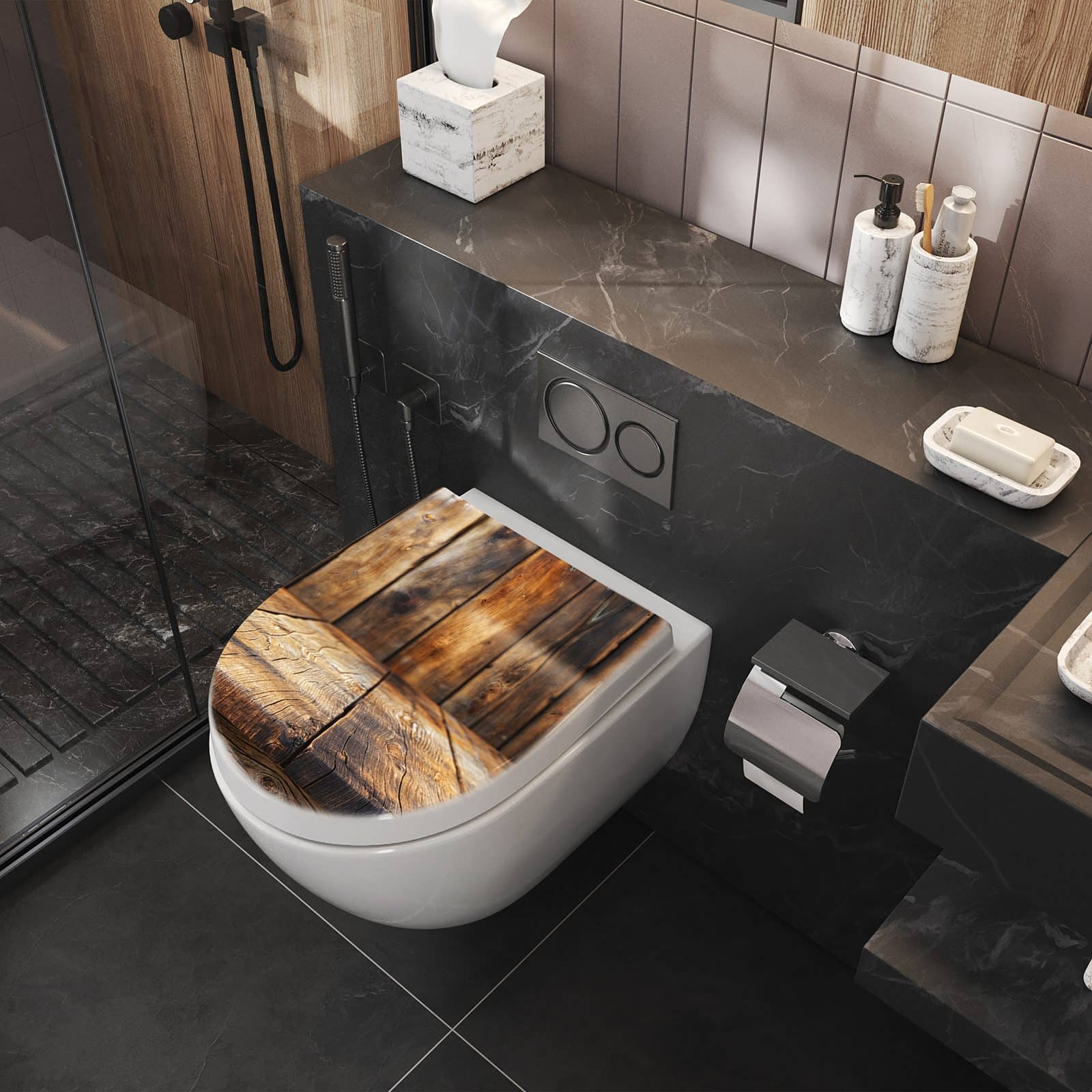 WC-Sitz mit Absenkautomatik Holzbodenoptik