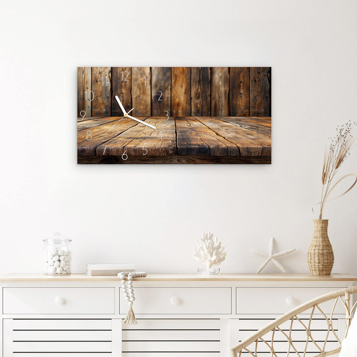 Wanduhr Holzbodenoptik aus Glas – Querformat 60 × 30 cm – Rustikales Holz in Kastanienbraun