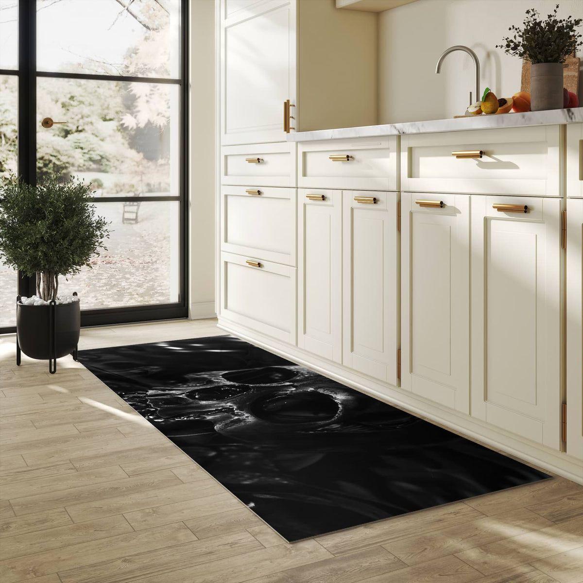Waschbarer Teppich fürs Esszimmer mit Motiv Schädelaufnahme in heller Küche